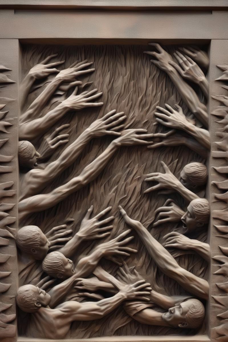 00147-2837758930-_lora_BAS-RELIEF_1_BAS-RELIEF - Bas-relief of people reaching for the fire, a wall in the city of dystopia.png